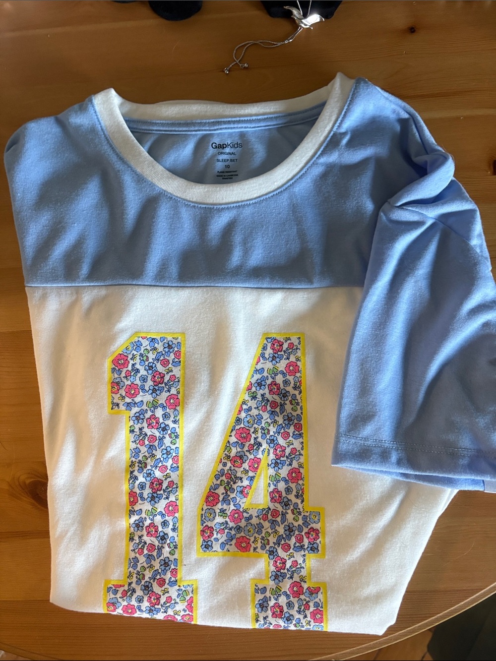 GAP Light Blue & White nightgown with Floral '14' Applique